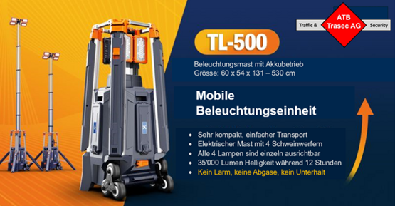 MC-Set: Mobiler Beleuchtungsmast mit 4 LED-Scheinwerfern, mit Akku- oder Netzbetrieb