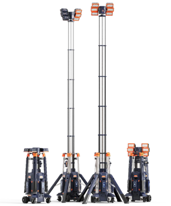 MC-Set: Mobiler Beleuchtungsmast mit 6 LED-Scheinwerfern, 3 LFP Akkus und Ladekoffer